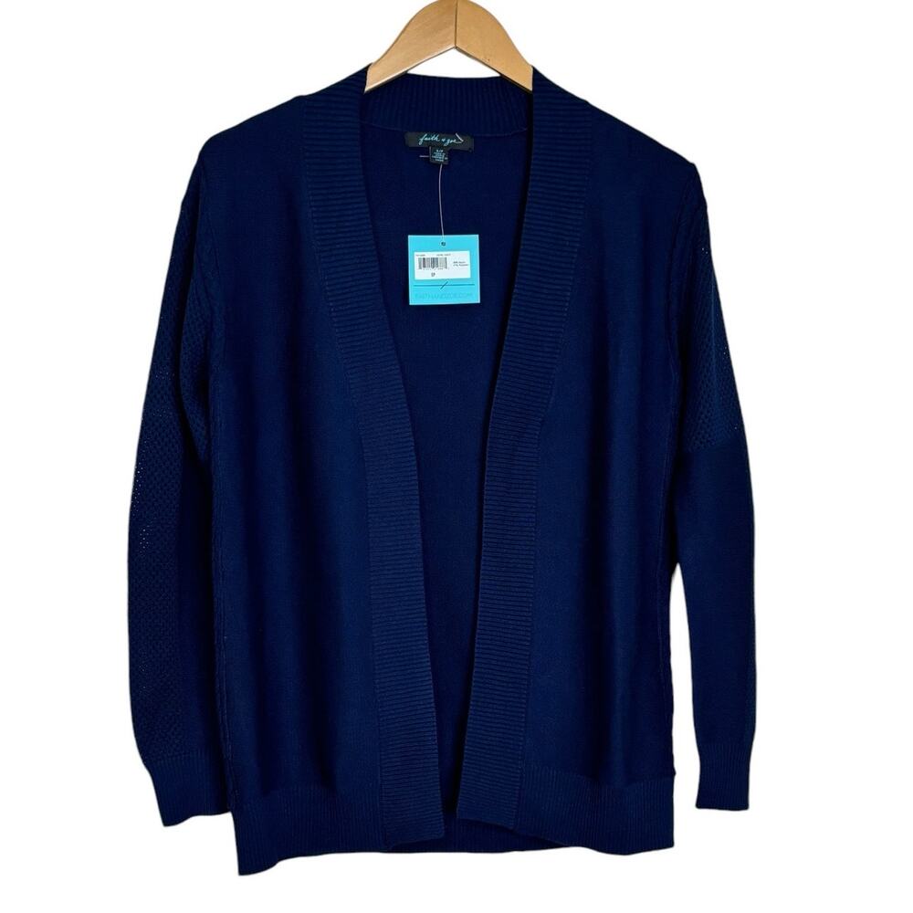 Faith & Zoe Navy Blue Open Front Cardigan Open Stitch Detailing NEW Size Small